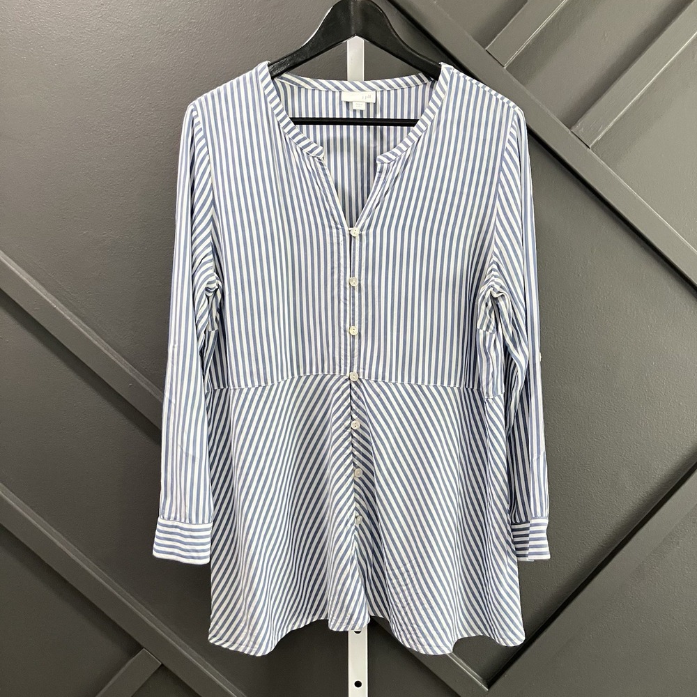 J.Jill Shirt Petite M Blue White Stripe Button Front Tunic Blouse Long Sleeve
